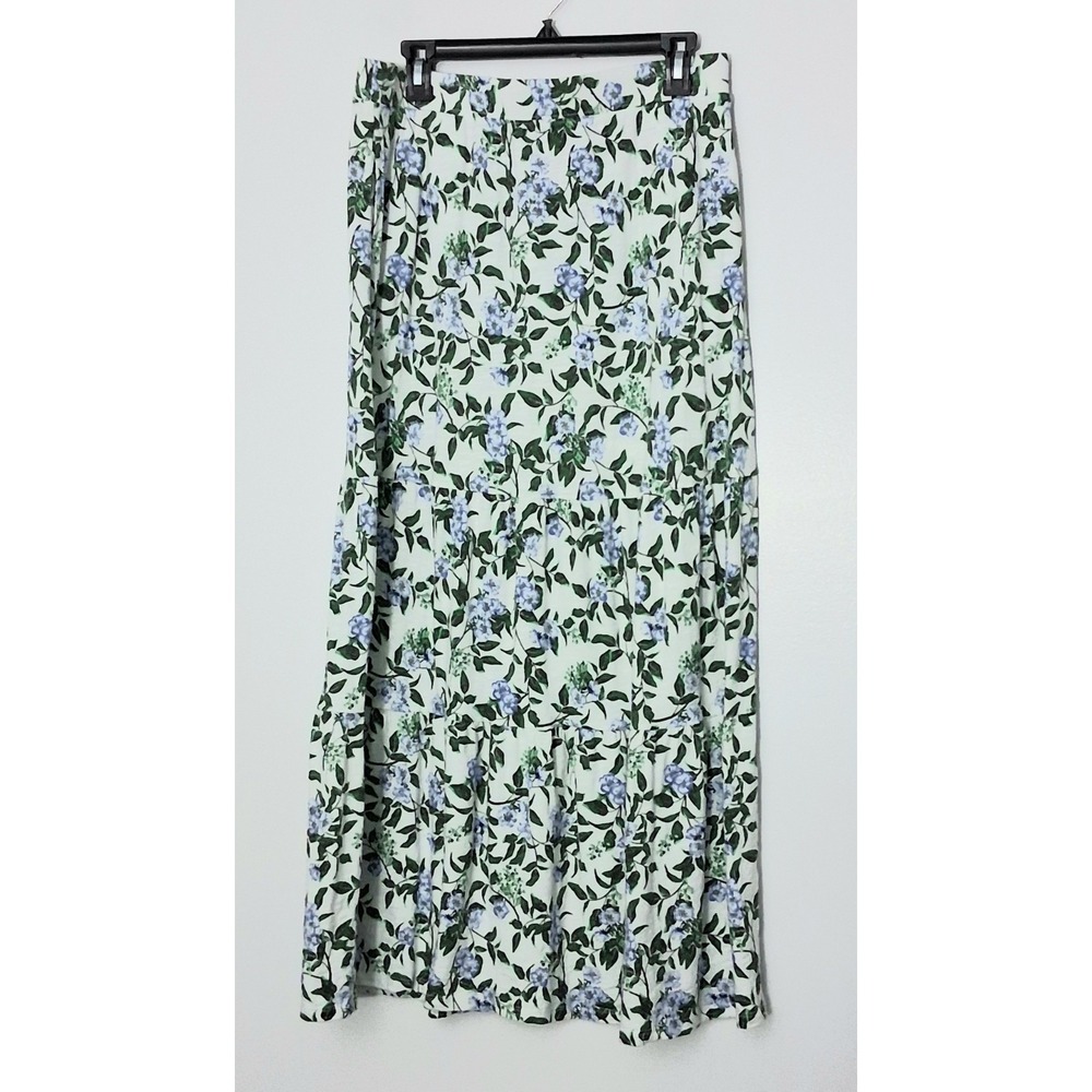 Denim & Co. Maxi Skirt Women's MP Petite White Blue Floral Linen‎ Blend Tiered